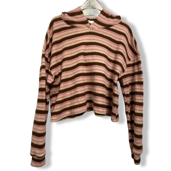 LUSH Cropped Hooded Pullover Sweater, Waffle Knit, Burgundy, Tan & Brown Stripes - Picture 3 of 13